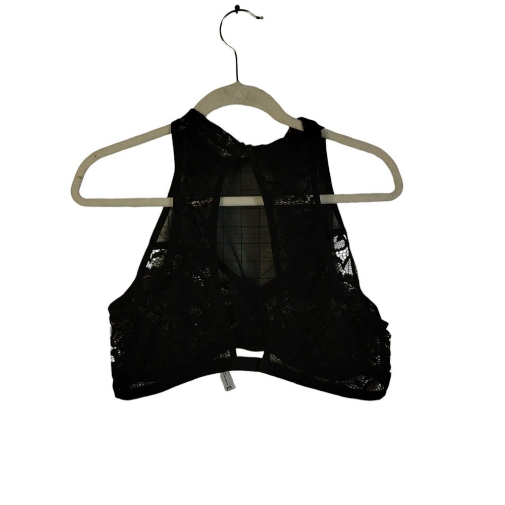 Bralette Women's 2XL Black Embroidered Lace Satin Bow Tulle Netting  Back Hook